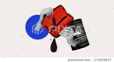 Hands opening empty red wallet while oil drips nearby reflect personal financial strain during oil-driven crisis. 125059625