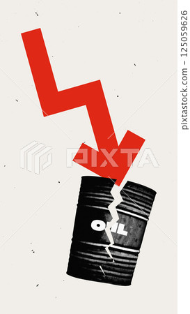 Oil barrel split in half under downward red arrow illustrates irreversible financial loss in energy market. 125059626