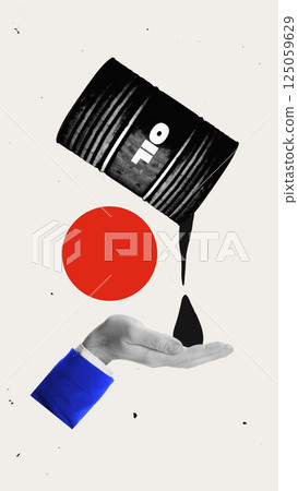 Oil pouring drop onto human hand from barrel. High value of oil, controlled distribution, dependence. 125059629