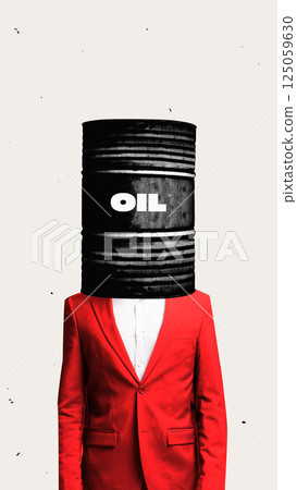 Man with oil barrel as head. Economic crisis. Society dependence on oil, Conceptual art collage. Man with oil barrel as head. Economic crisis. Society dependence on oil, Conceptual art collage. 125059630