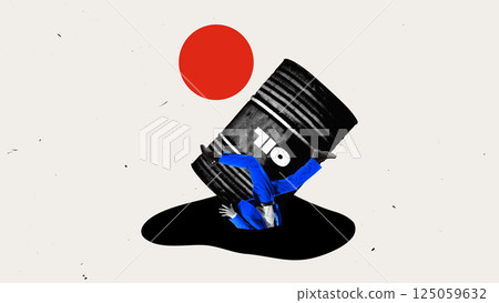 Man sinking into spilled oil from barrel, devastating impact of oil market instability on individuals. Man sinking into spilled oil from barrel, devastating impact of oil market instability on individuals. 125059632