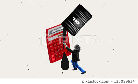 Businessman pushing oil barrel onto calculator dripping crude, highlighting sharp economic losses and price drops. Businessman pushing oil barrel onto calculator dripping crude, highlighting sharp economic losses and price drops. 125059634