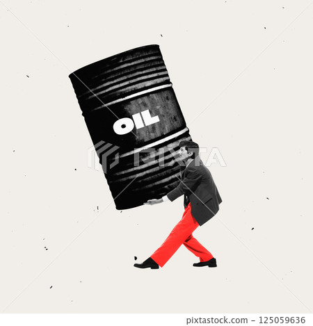 Man carrying massive oil barrel symbolizing economic weight of energy dependency and market pressure. 125059636