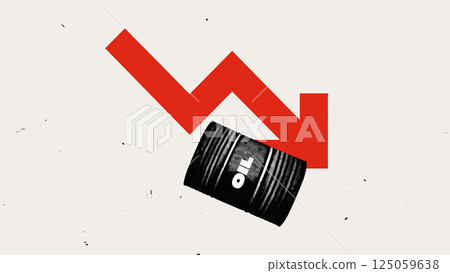 Oil barrel collapsing under red arrow visualizes dramatic market crash and financial instability in energy sector. Oil barrel collapsing under red arrow visualizes dramatic market crash and financial instability in energy sector. 125059638