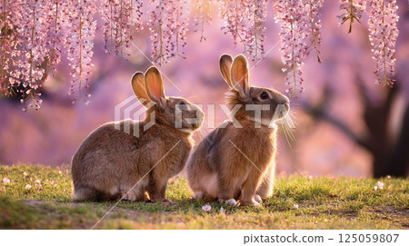 兩隻棕色兔子,背景是盛開的櫻花 兩隻棕色兔子,背景是盛開的櫻花 125059807