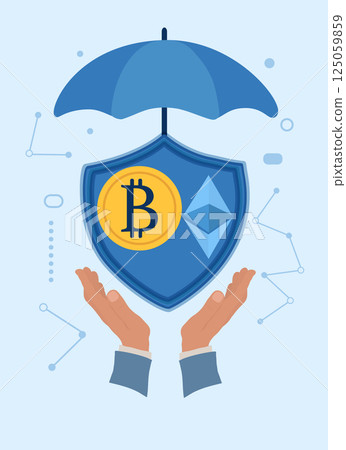 Cryptocurrency Insurance Protection Concept with Shield Bitcoin Ethereum Hands and Umbrella Cryptocurrency Insurance Protection Concept with Shield Bitcoin Ethereum Hands and Umbrella 125059859
