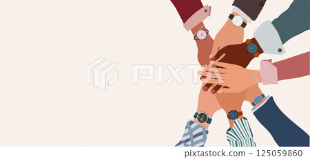 Top View of Diverse Hands Stacked in a Circle. Multicultural Teamwork and Startup Collaboration 125059860