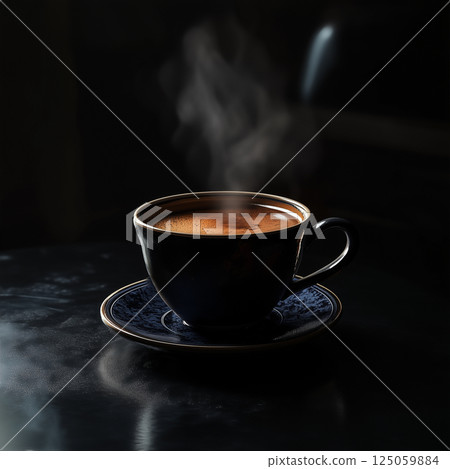 Steaming Cup of Black Coffee in the Dark with Moody Lighting 125059884