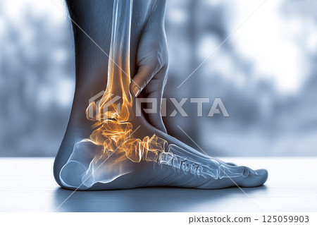 Close-Up of Painful Ankle Held by Hand With X-Ray Overlay on White Medical Background 125059903
