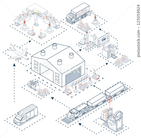 Global logistics network. 3D isometric scenes showing export-import operations via air, road, rail, and cargo services. 125059924