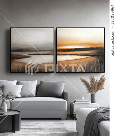 Abstract Landscape Painting in Soft Tones of Gray and Amber for Modern Interiors 125059964