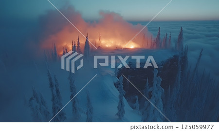 A mountain covered in snow with a fire burning in the distance 125059977