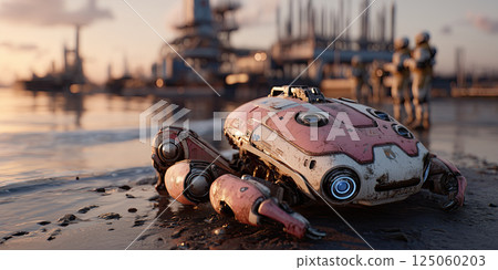 rusty futuristic robot lies on wet shoreline near industrial facility at sunset 125060203