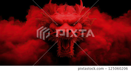 fierce red Chinese dragon emerges from swirling smoke in dark, dramatic atmosphere 125060206