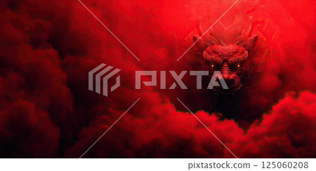 fierce Chinese dragon emerges from red smoke, creating dark and intense atmosphere 125060208