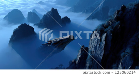 majestic dragon emerges from misty mountains under serene blue sky 125060214