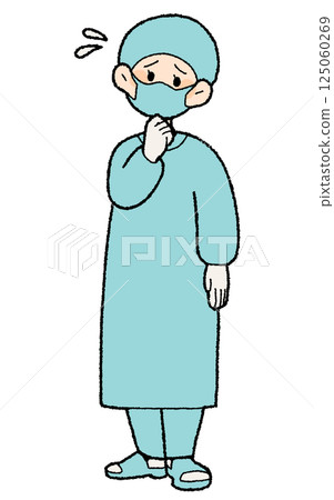 手繪風格穿手術服的女醫師困惑 手繪風格穿手術服的女醫師困惑 125060269