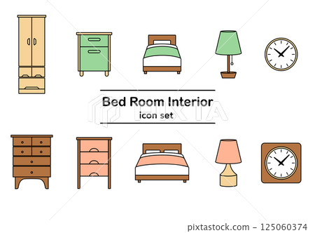 Simple line drawing illustration icon set of bedroom furniture (color) 125060374