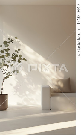 Minimalist White Room with Sofa, Eucalyptus, and Light Yellow Floor 125060449