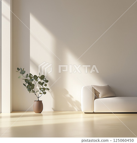 Minimalist White Living Room with Eucalyptus and Light Yellow Floor 125060450