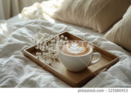 Wooden Tray with Coffee and Laptop in Cozy Bedroom Setting 125060453
