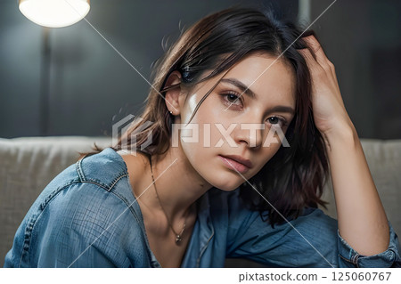 sad woman sitting on sofa 125060767