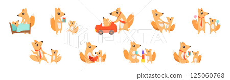 Loving Fox Mom and Dad Character with Its Cub Engaged in Different Activity Vector Set 125060768