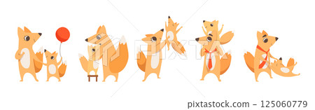 Loving Fox Mom and Dad Character with Its Cub Engaged in Different Activity Vector Set 125060779