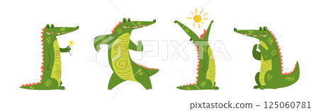 Funny Green Crocodile or Gator Animal in Different Activity Vector Set 125060781