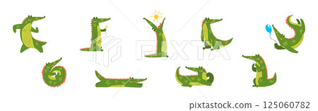 Funny Green Crocodile or Gator Animal in Different Activity Vector Set 125060782
