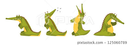 Funny Green Crocodile or Gator Animal in Different Activity Vector Set 125060789