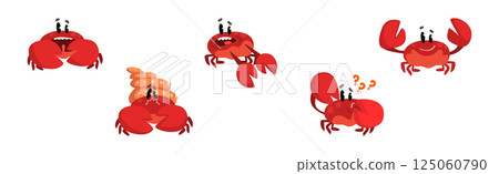 Funny Red Crab Character with Claws Vector Set 125060790