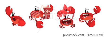 Funny Red Crab Character with Claws Vector Set 125060791