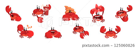 Funny Red Crab Character with Claws Vector Set 125060826