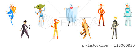 Man and Woman Character Wearing Masquerade Costume and Fancy Outfit Vector Set 125060839