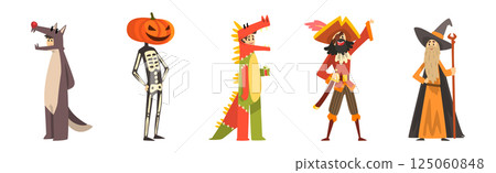 Man Character Wearing Masquerade Costume and Fancy Outfit Vector Set 125060848