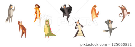 Man and Woman Dressed in Onesie Representing Various Animal Vector Set 125060851