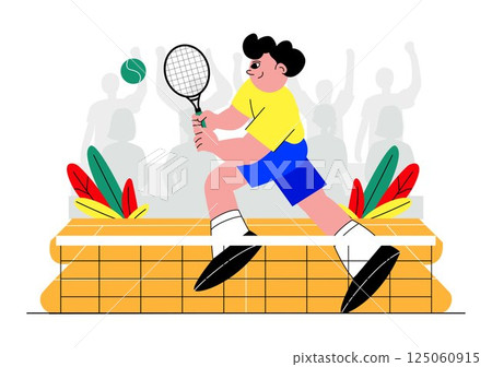 Vector illustration of a Tennis Player Holding a Racket with a Ball on the Court during a Sports Match in a Flat Cartoon Style Background 125060915