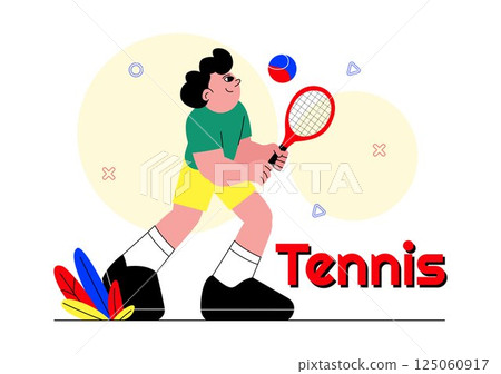 Vector illustration of a Tennis Player Holding a Racket with a Ball on the Court during a Sports Match in a Flat Cartoon Style Background Vector illustration of a Tennis Player Holding a Racket with a Ball on the Court during a Sports Match in a Flat Cartoon Style Background 125060917