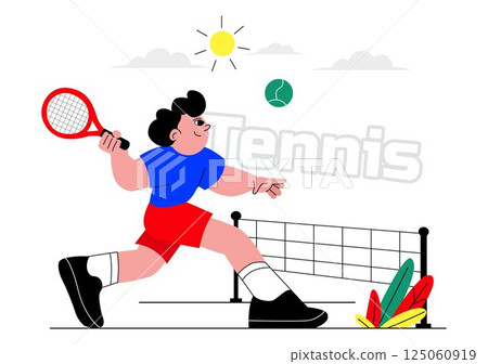 Vector illustration of a Tennis Player Holding a Racket with a Ball on the Court during a Sports Match in a Flat Cartoon Style Background 125060919