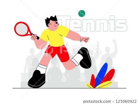 Vector illustration of a Tennis Player Holding a Racket with a Ball on the Court during a Sports Match in a Flat Cartoon Style Background 125060922