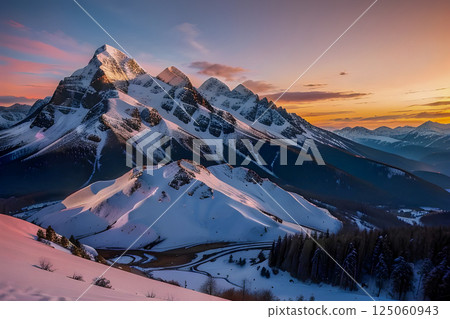 winter sunset in mountains 125060943