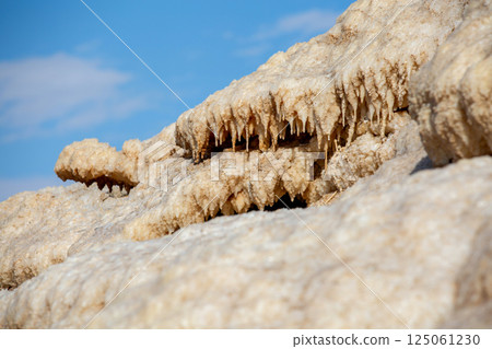 Natural salt stalactites crystals at the Dead Sea Natural salt stalactites crystals at the Dead Sea 125061230