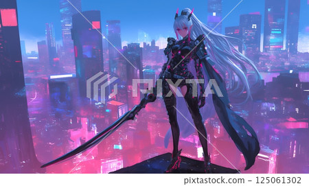 Girl overlooking a cyberpunk city 125061302
