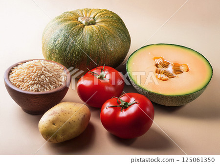 含 GABA 的食物:甜瓜、番茄、馬鈴薯、糙米、南瓜 含 GABA 的食物:甜瓜、番茄、馬鈴薯、糙米、南瓜 125061350