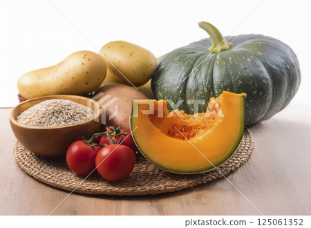 含 GABA 的食物:甜瓜、番茄、馬鈴薯、糙米、南瓜 含 GABA 的食物:甜瓜、番茄、馬鈴薯、糙米、南瓜 125061352