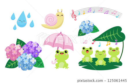 Cute rainy season clip art, hydrangeas flower and frog singing 125061445