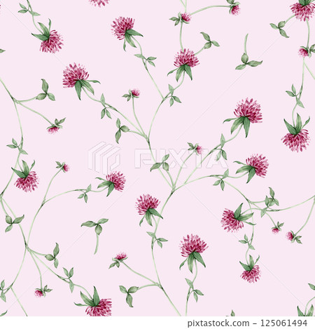 Seamless pattern with watercolor hand drawn botanical illustration with meadow wild plant red clover (trifolium). Repeat wallpaper with purple flowers and leaves isolated on white background. 125061494