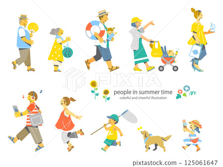 各種各樣的人享受夏天——色彩繽紛、有趣的平面插圖 125061647