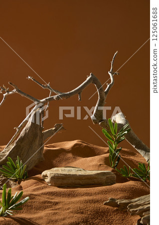 Desert weeds growing around the sun-burnt brown sand. Dry sand grains form uneven ripples and extrusions. Light-colored stone slab with striated edges showing signs of erosion. Vertical photo. Desert weeds growing around the sun-burnt brown sand. Dry sand grains form uneven ripples and extrusions. Light-colored stone slab with striated edges showing signs of erosion. Vertical photo. 125061688